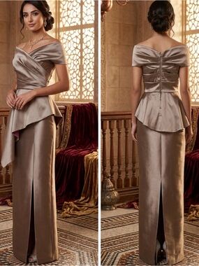 Rickie Freeman for Teri Jon Taupe Satin Off-Shoulder Peplum Maxi Dress 12